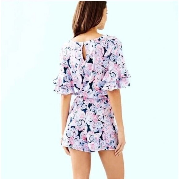 Lilly Pulitzer Lula High Tide Navy Romper Women XXS It's For Shore Ruffle Sleeve - Picture 2 of 14